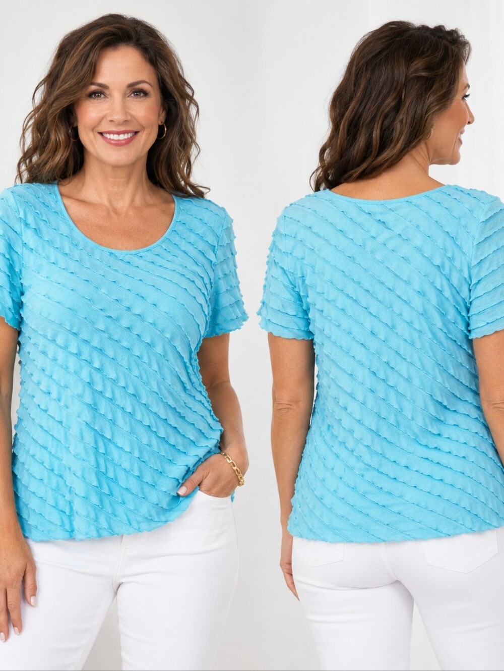 Notations Aqua Blue Textured Ruffle Top XL Coastal Chic Contemporary Casual  Res